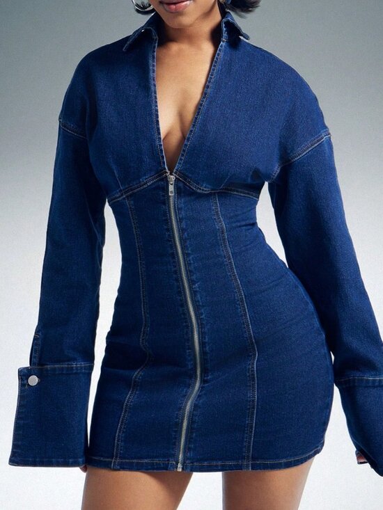 Dresses & Skirts - Dark Wash Casual Women's Cinched Waist Zip Front Denim Mini Dress